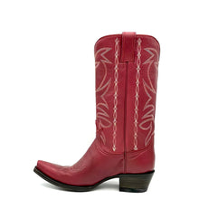 Load image into Gallery viewer, Women&#39;s handmade red cowhide leather cowboy boots. Tan stitch. Vintage style toe medallion. 12&quot; height. Tan lining. Snip toe. 1 1/2&quot; western heel. Teak leather sole.
