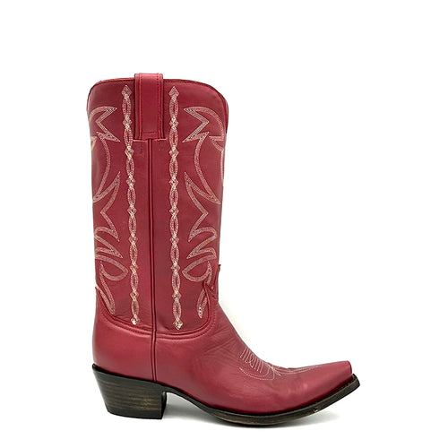Women's handmade red cowhide leather cowboy boots. Tan stitch. Vintage style toe medallion. 12