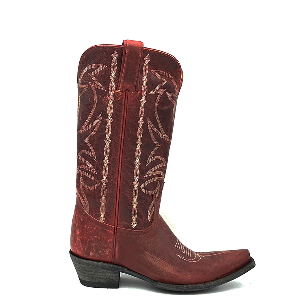 Boot Star women's traditional western handmade cowboy boots in distressed red. Tan stitch on tube and vintage style toe medallion. Tan leather lining. 12