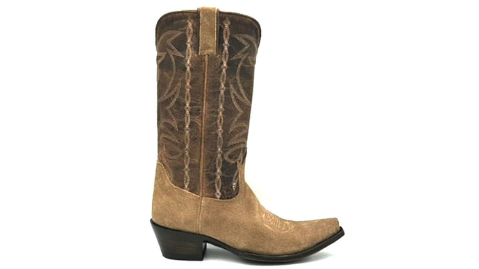 Natural suede vamp
Distressed chocolate cowhide leather shaft
Natural suede piping and pull-straps
Tan stitch
Vintage style toe medallion
Handmade for us by artisans at Old Gringo
12