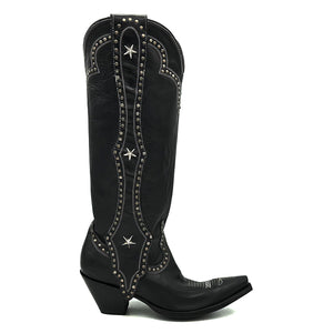 Boot Star Desert Star Tall is a women's handmade cowboy boot. Shiny black cowhide leather. Silver studded long mule ear pull-straps. Traditional western toe medallion. 18" height. Black leather lining. Snip toe. High 3" fashion heel/ Black leather sole.