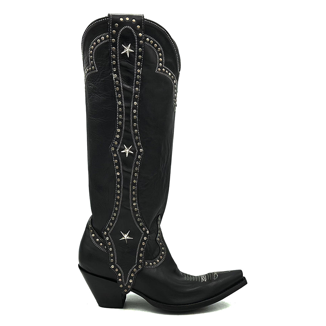 Boot Star Desert Star Tall is a women's handmade cowboy boot. Shiny black cowhide leather. Silver studded long mule ear pull-straps. Traditional western toe medallion. 18