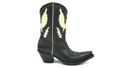 Eagle Western in Black Calf is a women's handmade cowboy boot. Black calfskin with bone vintage style eagle inlay and bone piping. Traditional toe medallion. Tan leather lining. Snip toe and 1 1/2