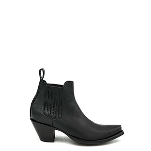 Women's Black Calf Ankle Cowboy Boots Black Calf Lining Gore Side Openings 6" Height Snip Toe 2 1/2" Fashion High Heel Black Sole
