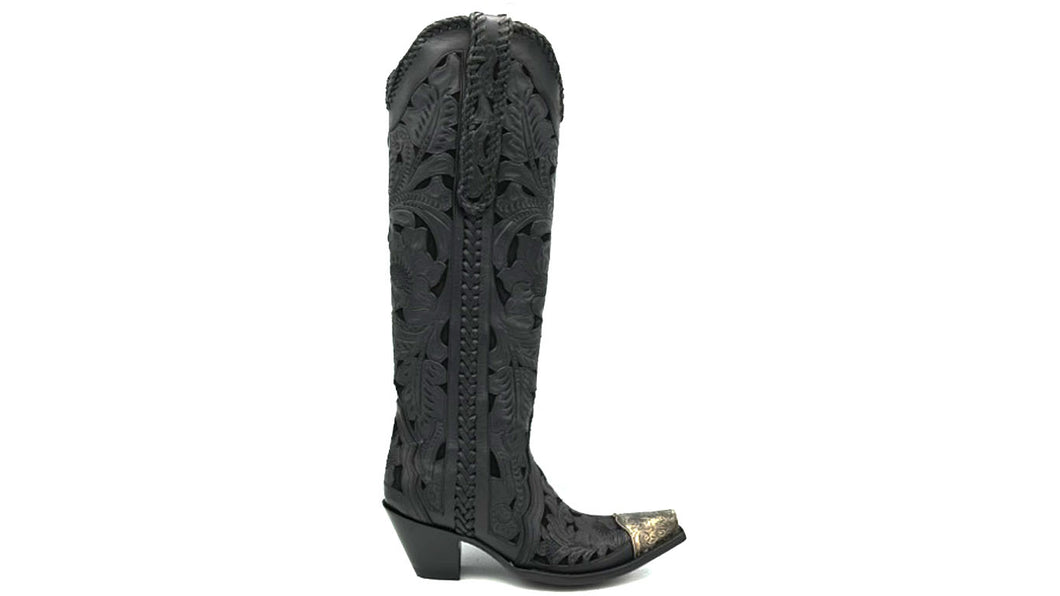 Black floral pattern fully hand-tooled vamp and shaft
Hand-tooled pull-straps 
Black braided collar, pull-straps and side seams
Silver aged metal hand-engraved toe tips
Handmade for us by artisans at Old Gringo
18