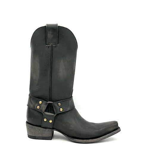 Women's Distressed Black Harness Boots with Aged Brass Hardware 12