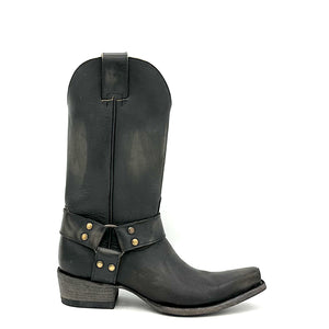 Women's Distressed Black Harness Boots with Aged Brass Hardware 12" Height 1 1/4" Toe 1 1/2" Heel Distressed Black Sole