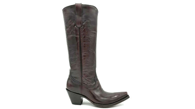 Highland Western in black cherry is a handmade women's tall cowboy boot. Shiny black cherry leather. Shallow scallop. Tan leather lining. 