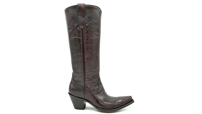 Highland Western in black cherry is a handmade women's tall cowboy boot. Shiny black cherry leather. Shallow scallop. Tan leather lining. 