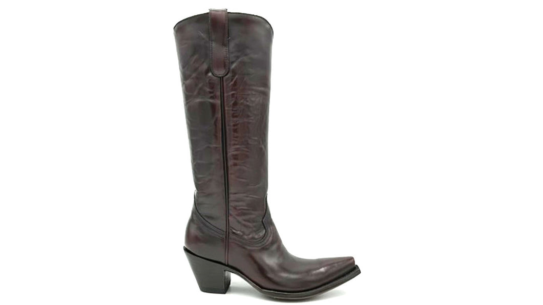 Highland Western in black cherry is a handmade women's tall cowboy boot. Shiny black cherry leather. Shallow scallop. Tan leather lining. 