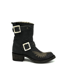 Load image into Gallery viewer, Women&#39;s distressed black engineer cowboy boots with brass studded eagle on vamp. Brass studded star strap. Nickel buckles. Tan leather lining. Bulky round toe. 1 1/2&quot; heel. Distressed black sole finish.
