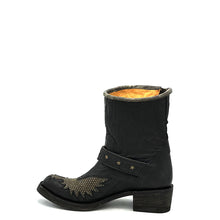 Load image into Gallery viewer, Women&#39;s distressed black engineer cowboy boots with brass studded eagle on vamp. Brass studded star strap. Nickel buckles. Tan leather lining. Bulky round toe. 1 1/2&quot; heel. Distressed black sole finish.
