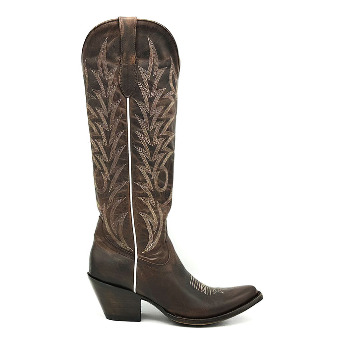 Women's Chocolate Brown Tall Cowboy Boots Classic Western Toe Medallion Fancy Heavy Tan Stitching on Shaft 16