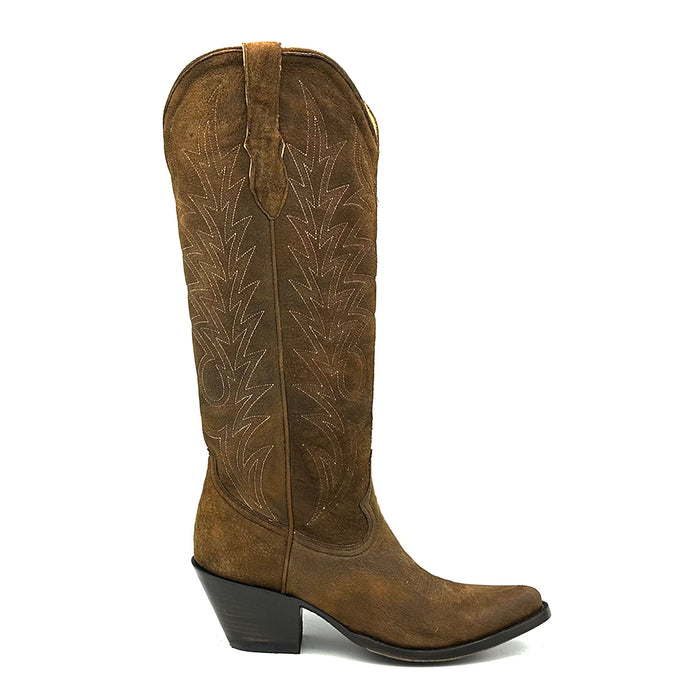 Laurel Western in Camel Suede is a handmade women's cowboy boot using two-tone tan and brown suede cowhide leather, Classic western toe medallion on vamp and heavy fancy chocolate brown stitching on the shaft. Tan calf lining. 16