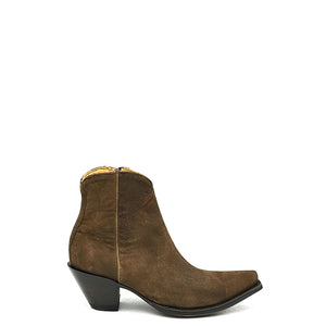 Women's Camel Suede Ankle Cowboy Boots Tan Cowhide Lining Inside Brass Zipper 7" Height Snip Toe 2 1/2" Fashion High Heel Brown Teak Sole