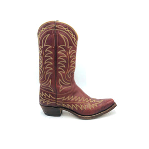 Men's Burgundy Cowboy Boots Gold and Grey Flame  and Fancy Stitch Pattern 12" Height 1" Box Toe 1 1/4" Heel Size 9.5