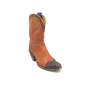 Women's Cognac Cowboy Boots Chocolate Wingtip Heel Counter and Collar Green and Gold Stitch 9" Height 1" Box Toe 2" Underslung Heel Size 6