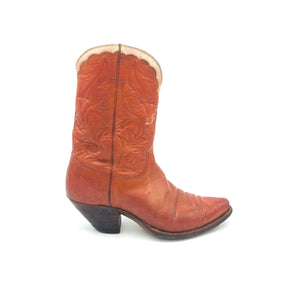 Women's Cognac Cowboy Boots Cream Collar Stitched "F" and "O" Initials on Shaft 9" Height Snip Toe 2" Underslung Heel Size 5