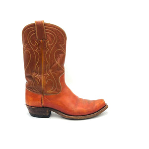 Men's Cognac Cowboy Boots Light Brown Shafts Grey and Gold Western Stitch Pattern 10" Height 1" Box Toe 1 1/4" Heel Brown Sole