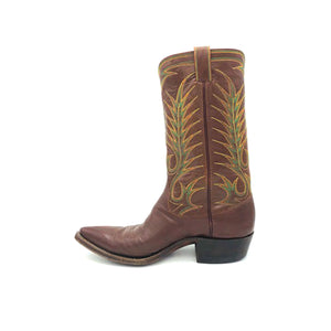 Men's Brown Cowboy Boots Elaborate Green Orange and Yellow Western Stitch Toe Medallion 12" Height Pointed Toe 1 1/2" Heel Size 8 
