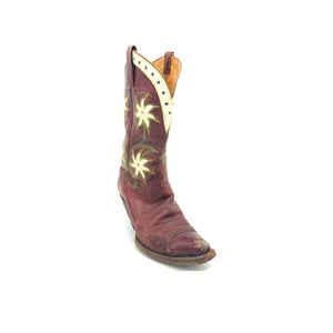 Women's Burgundy Cowboy Boots Green and Tan Stitch White Floral Inlays White Collar with Perforations 11 1/2" Height Pointed Toe 2" Extremely Underslung Heel