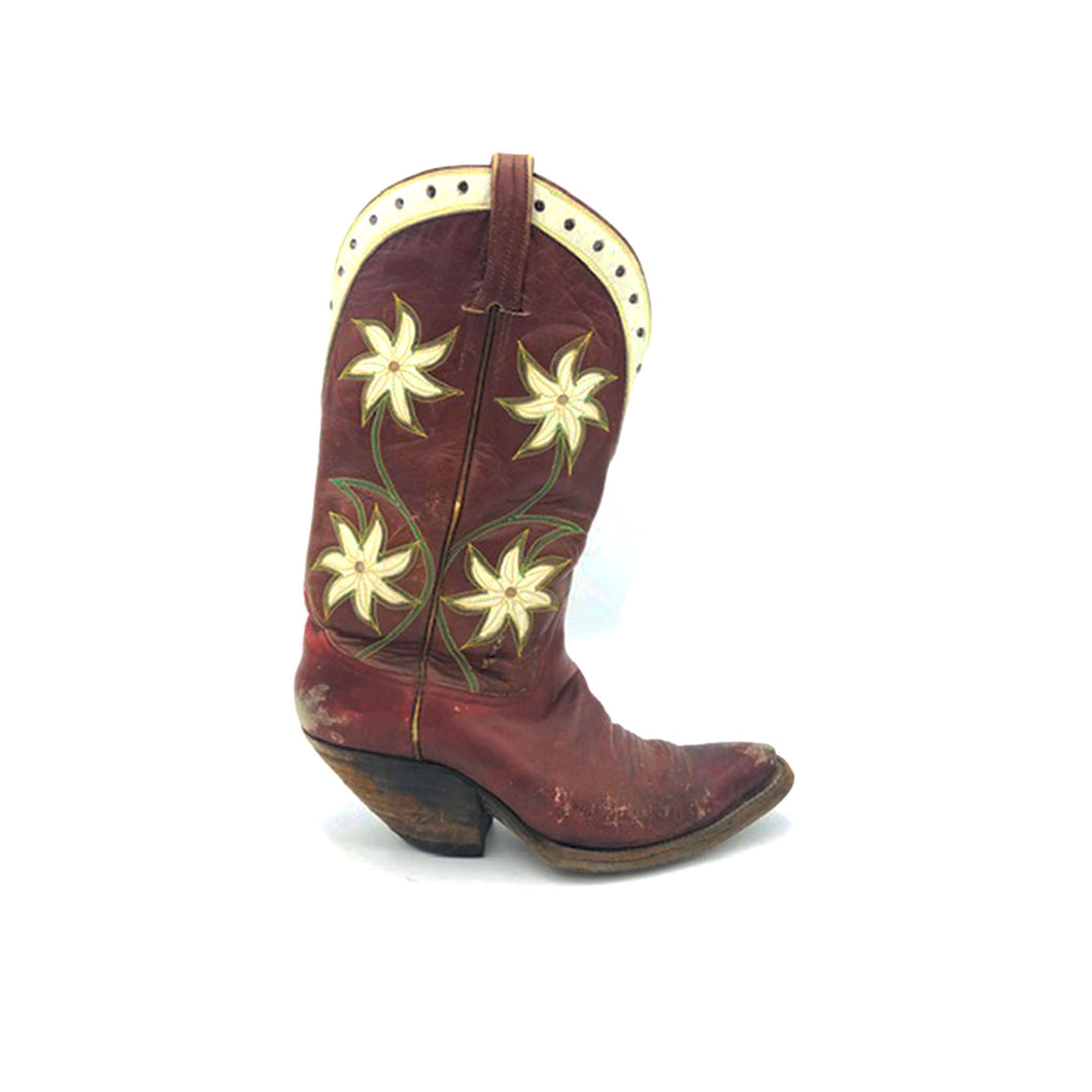 Women's Burgundy Cowboy Boots Green and Tan Stitch White Floral Inlays White Collar with Perforations 11 1/2