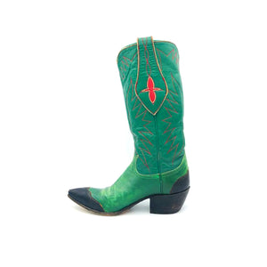 Women's Green Cowboy Boots Black Lizard Wingtip Heel Counter Red Stitch Mule Ear Pull Straps with Red Inaly 13" Height Pointed Toe 1 1/2"