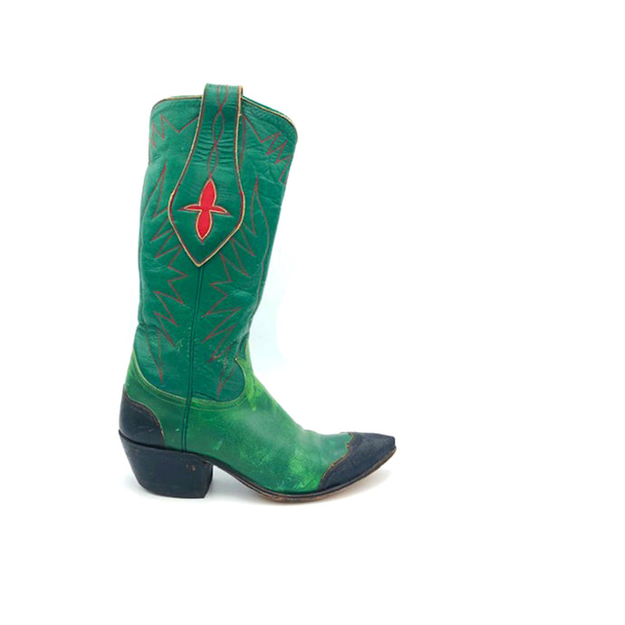 Women's Green Cowboy Boots Black Lizard Wingtip Heel Counter Red Stitch Mule Ear Pull Straps with Red Inaly 13