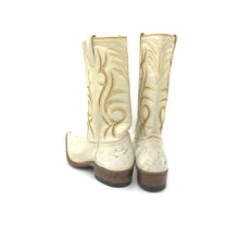 Load image into Gallery viewer, Women&#39;s White and Gold Cowboy Boots Stovepipe Shaft Metallic Gold Inalys Toe Medallion 11&quot; Height Pointed Toe 1 1/4&quot; Heel Size 6.5
