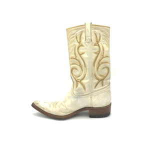 Women's White and Gold Cowboy Boots Stovepipe Shaft Metallic Gold Inalys Toe Medallion 11" Height Pointed Toe 1 1/4" Heel Size 6.5