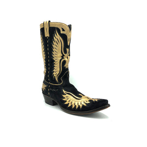 Men's Black Suede Cowboy Boots with Metallic Gold Eagle Inlay on Vamp, Shaft and Heel Counter Metallic Gold Piping, Collar and Pull-Straps 13" Height Snip Toe 1 1/2" Heel Black Leather Sole
