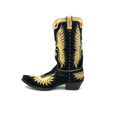 Load image into Gallery viewer, Men&#39;s Black Suede Cowboy Boots with Metallic Gold Eagle Inlay on Vamp, Shaft and Heel Counter Metallic Gold Piping, Collar and Pull-Straps 13&quot; Height Snip Toe 1 1/2&quot; Heel Black Leather Sole
