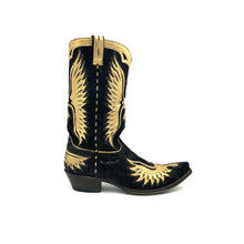 Load image into Gallery viewer, Men&#39;s Black Suede Cowboy Boots with Metallic Gold Eagle Inlay on Vamp, Shaft and Heel Counter Metallic Gold Piping, Collar and Pull-Straps 13&quot; Height Snip Toe 1 1/2&quot; Heel Black Leather Sole
