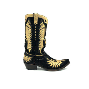 Men's Black Suede Cowboy Boots with Metallic Gold Eagle Inlay on Vamp, Shaft and Heel Counter Metallic Gold Piping, Collar and Pull-Straps 13" Height Snip Toe 1 1/2" Heel Black Leather Sole