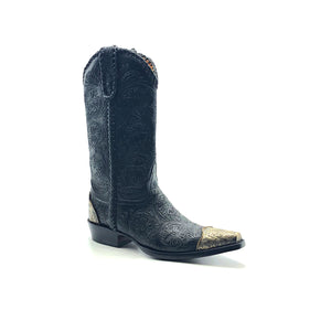 Men's Black Cowboy Boots Handtooled Floral Pattern on Vamp Shaft and Pull-Straps Black Handbraided Collar Side Seams and Pull-Straps Aged Metal Engraved Toe and Heel Counters 13" Height  Elongated Snip Toe 1 1/2" Underslung Heel Black Sole