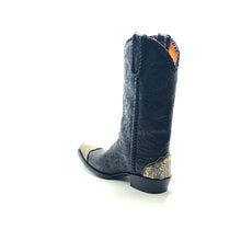 Load image into Gallery viewer, Men&#39;s Black Cowboy Boots Handtooled Floral Pattern on Vamp Shaft and Pull-Straps Black Handbraided Collar Side Seams and Pull-Straps Aged Metal Engraved Toe and Heel Counters 13&quot; Height  Elongated Snip Toe 1 1/2&quot; Underslung Heel Black Sole

