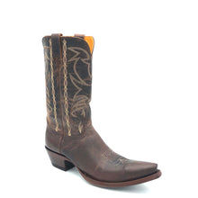Load image into Gallery viewer, Men&#39;s handmade distressed brown cowhide leather cowboy boots. Tan stitch. Vintage style toe medallion. 12&quot; height. Tan lining. Snip toe. 1 1/2&quot; western heel. Brown leather sole.
