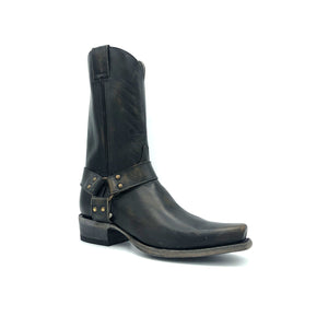 Men's Distressed Black Harness Boots with Aged Brass Hardware 12" Height 1 1/4" Toe 1 1/2" Heel Distressed Black Sole