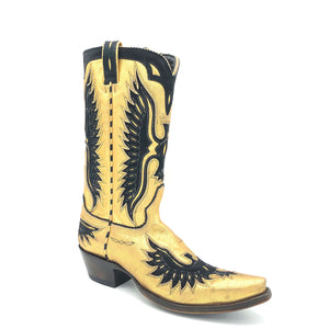 Men's handmade metallic gold and black suede cowhide leather cowboy boots. Black suede eagle inlay on vamp, tube and heel counter. Black suede collar, piping and pull-straps. 13" height. Black leather lining. Snip toe. 1 1/2" heel. Teak leather sole.