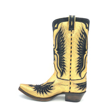 Load image into Gallery viewer, Men&#39;s handmade metallic gold and black suede cowhide leather cowboy boots. Black suede eagle inlay on vamp, tube and heel counter. Black suede collar, piping and pull-straps. 13&quot; height. Black leather lining. Snip toe. 1 1/2&quot; heel. Teak leather sole.
