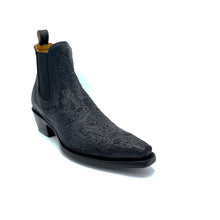 Load image into Gallery viewer, Men&#39;s Handtooled Floral Pattern Black Ankle Cowboy Boots Tan Calf Lining Gore Side Openings 6&quot; Height Snip Toe 1 1/2&quot; Underslung Heel Black Sole
