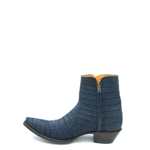 Men's handmade navy sueded croc leather ankle zip cowboy boots. Inside zip. 7" height. Tan lining. Snip toe. 1 3/4" heel. Brown leather sole.
