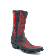 Load image into Gallery viewer, Men&#39;s handmade black cowhide leather cowboy boots. Red flame stitch on vamp, shaft and heel counter. Black lining. 12&quot; height. Snip toe. 1 1/2&quot; western heel. Black leather sole.
