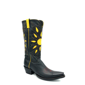 Boot Star men's vintage inspired black cowboy boots. Handmade with black cowhide leather on vamp and shaft. Yellow inlaid sunburst pattern on shaft highlighted by red and green stitch around the sunburst inlay. Yellow cowhide leather piping and pull-straps. Red vintage style stitch toe medallion. 14" height, snip toe and 1 1/2" heel. Black leather sole.