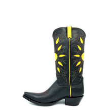 Load image into Gallery viewer, Boot Star men&#39;s vintage inspired black cowboy boots. Handmade with black cowhide leather on vamp and shaft. Yellow inlaid sunburst pattern on shaft highlighted by red and green stitch around the sunburst inlay. Yellow cowhide leather piping and pull-straps. Red vintage style stitch toe medallion. 14&quot; height, snip toe and 1 1/2&quot; heel. Black leather sole.
