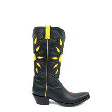 Load image into Gallery viewer, Boot Star men&#39;s vintage inspired black cowboy boots. Handmade with black cowhide leather on vamp and shaft. Yellow inlaid sunburst pattern on shaft highlighted by red and green stitch around the sunburst inlay. Yellow cowhide leather piping and pull-straps. Red vintage style stitch toe medallion. 14&quot; height, snip toe and 1 1/2&quot; heel. Black leather sole. 
