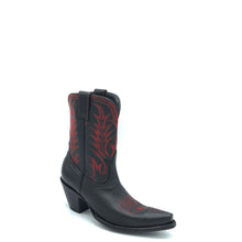 Load image into Gallery viewer, Women&#39;s handmade black cowhide leather cowboy boots. Red flame stitch on shaft. Vintage style crown. Traditional western toe medallion. Black lining. 9&quot; height. Snip toe. 3&quot; fashion heel. Black leather sole.
