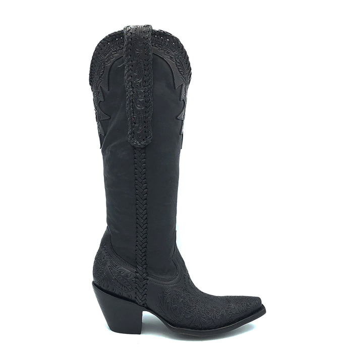 Women's black floral pattern hand-tooled cowboy boot. Supple deer tanned black leather shaft. Extra long hand-tooled pull-straps. Black braided collar, pull-straps and side seams. 16