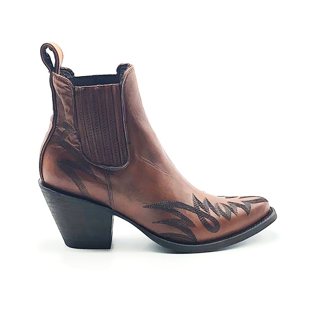 Women's Burnished Brown Ankle Cowboy Boots with Heavy Black Stitch Western Pattern on Vamp and Heel Counter 6