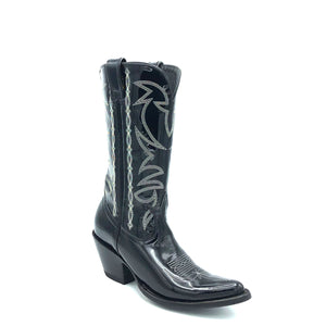 Women's handmade black patent leather cowboy boots. Metallic silver stitch on tube. Vintage style toe medallion. 12" height .Black lining .Rounded toe. 2 3/4" fashion heel. Black leather sole.